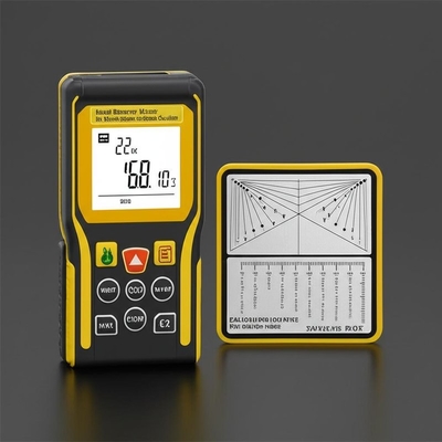 Medidor de distância a laser portátil amarelo cinza e placa de calibração para cálculo preciso da distância